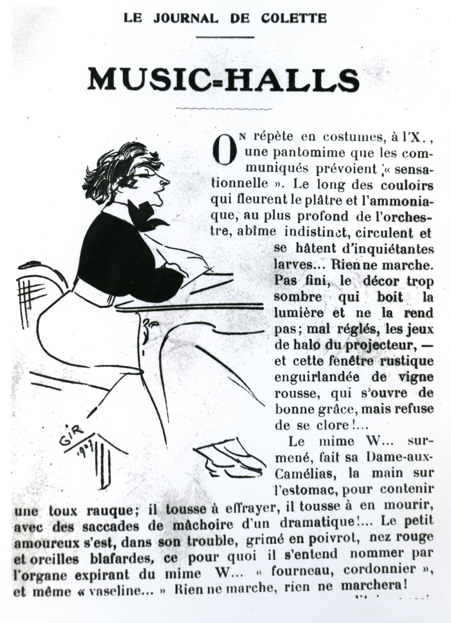 Caricature de Colette de son essai sur les Music-Halls dans Vrilles de la Vigne, publié dans La Vie Parisienne, Paris, 1908 - Charles Felix Gir