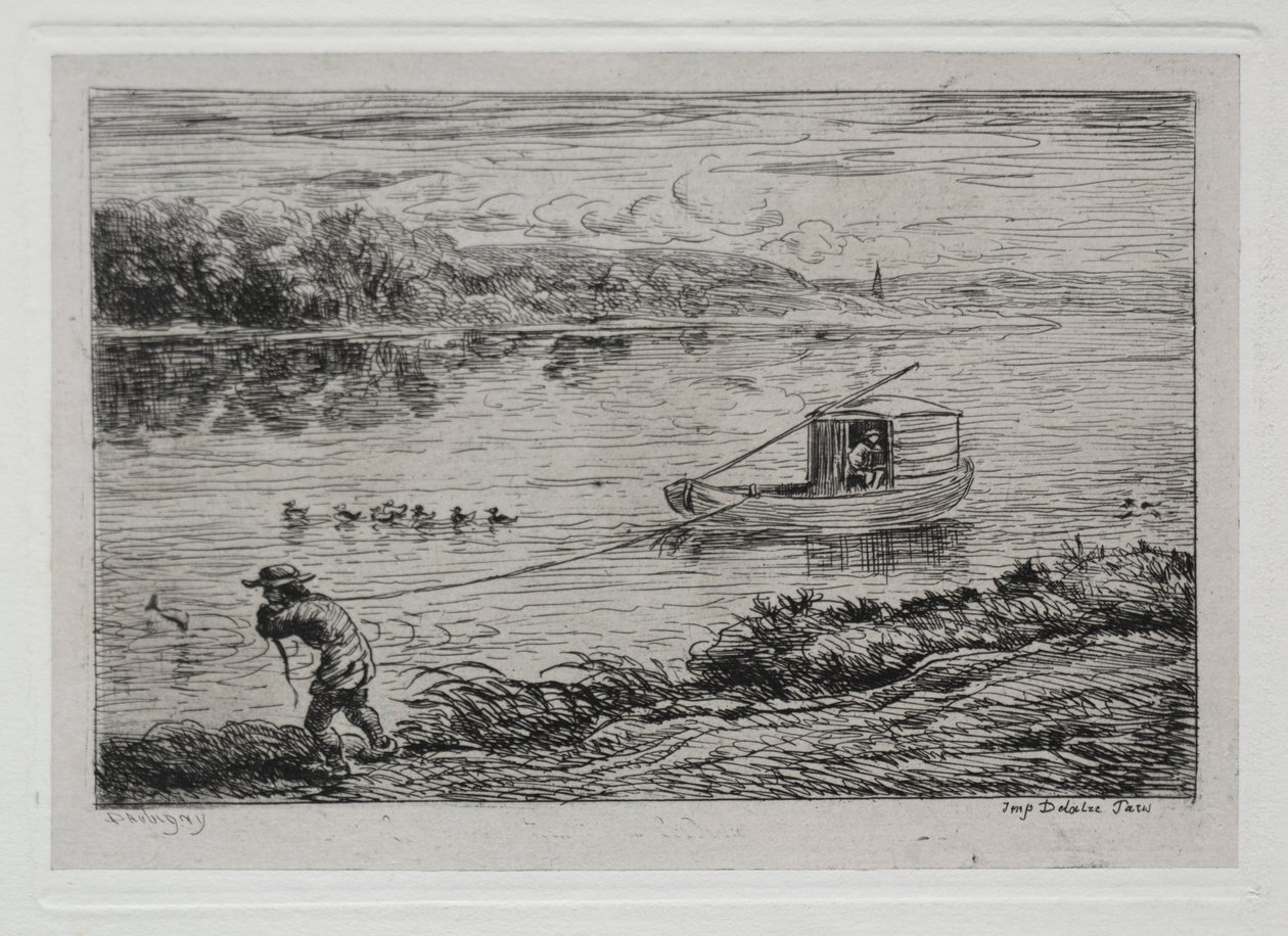 Le voyage en bateau : garçon de cabine tirant la corde, 1861 - Charles Francois Daubigny
