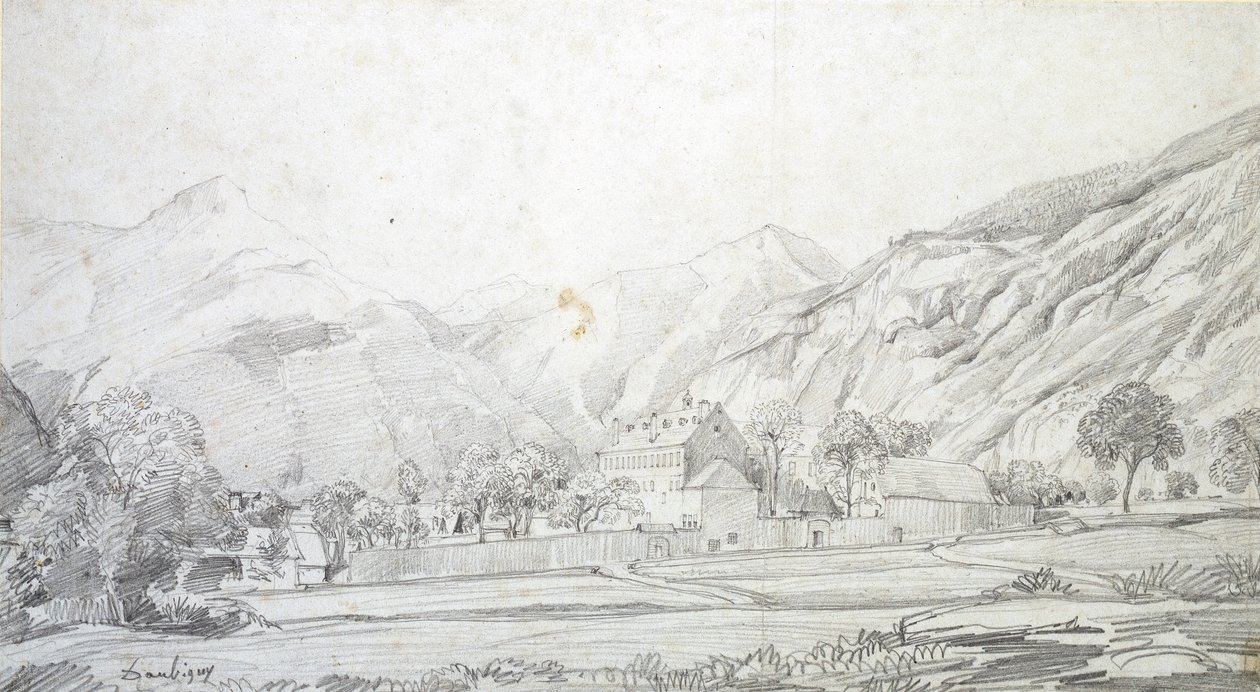 Vue de bâtiments dans une enceinte fortifiée avec des montagnes en arrière-plan, milieu du XIXe siècle - Charles Francois Daubigny