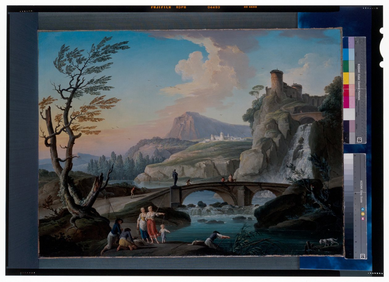 Un paysage fluvial avec des pêcheurs tirant leurs filets, un paysage rocheux et un pont au-delà - Charles François Grenier de Lacroix