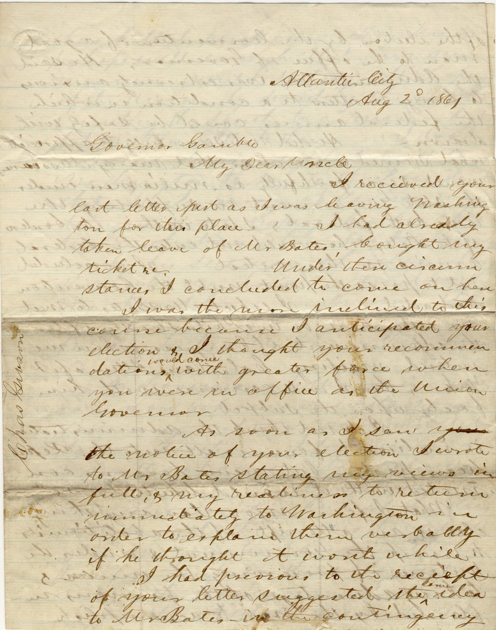 Lettre signée C. Gibson [Charles Gibson], Atlantic City, au gouverneur Gamble [Hamilton R. Gamble], 2 août 1861 - Charles Gibson