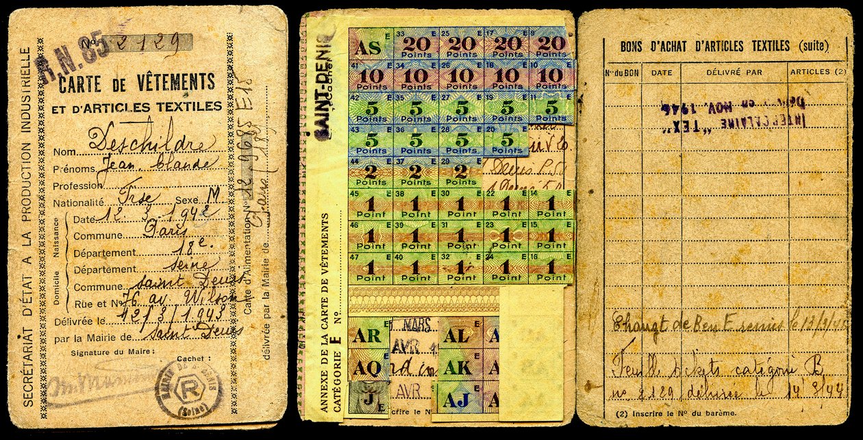 Carte de rationnement, Carte de vêtements, Secrétariat à la production industrielle, Seconde Guerre mondiale 1941 - Augustus Kollner