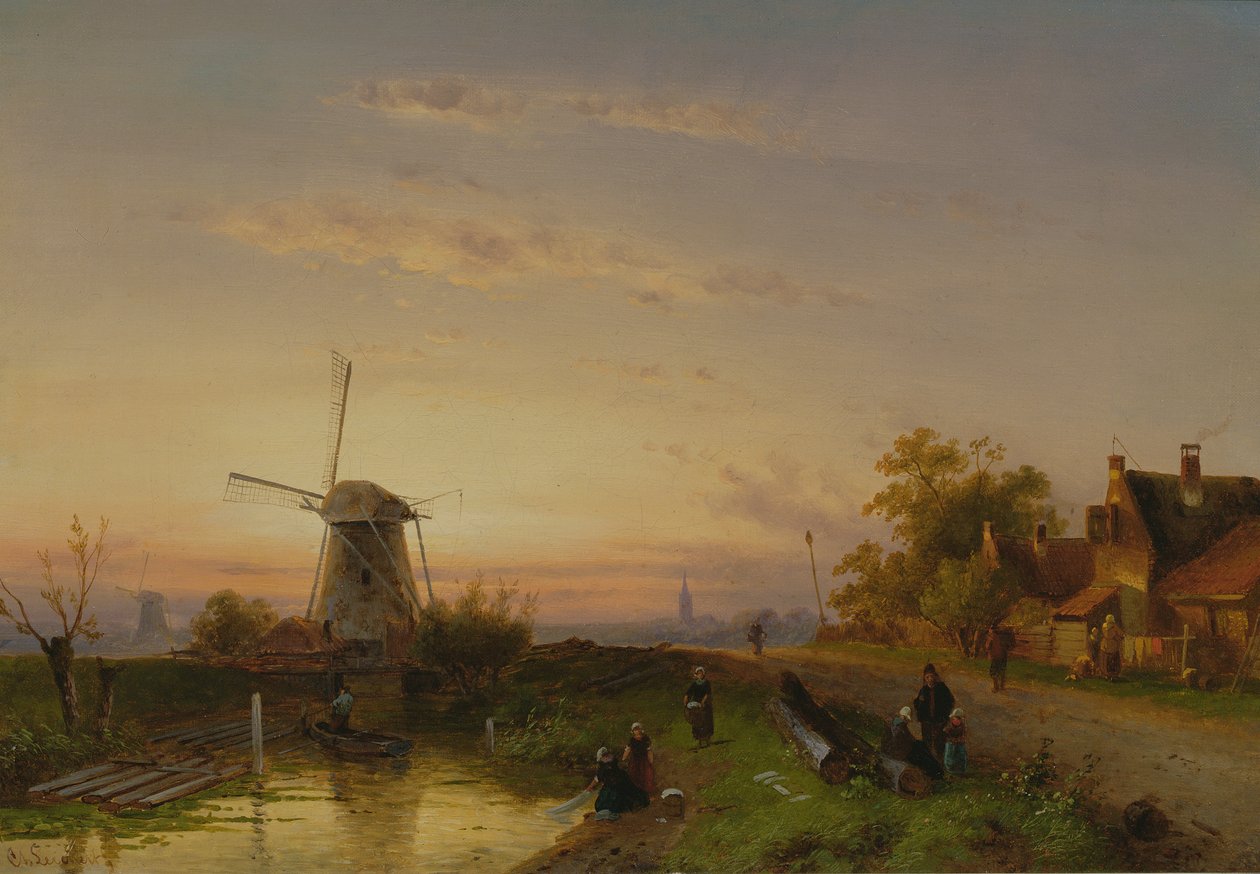 Moulin à vent au coucher du soleil - Charles Henri Joseph Leickert