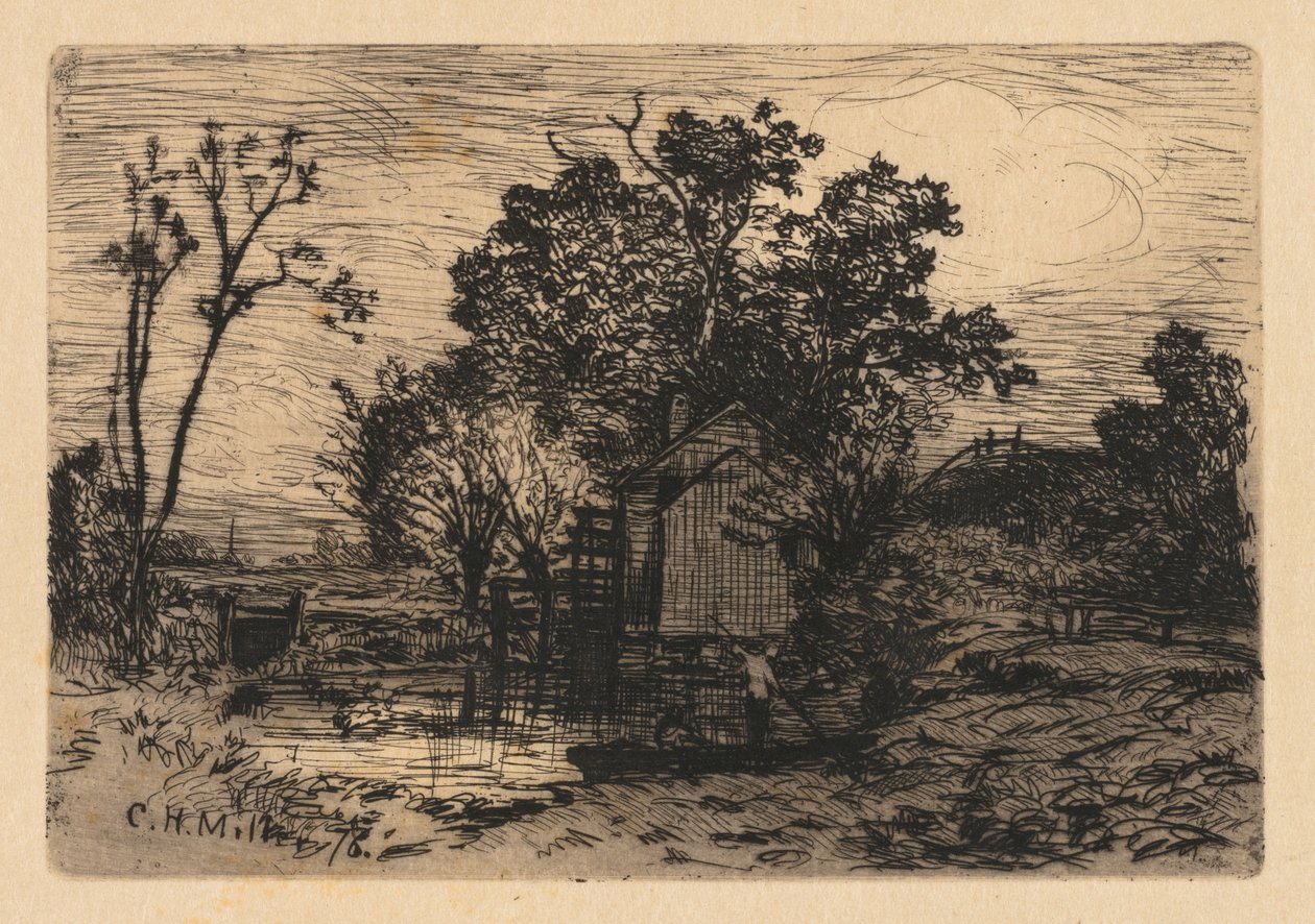 Cottage et deux personnages dans une barque - Charles Henry Miller