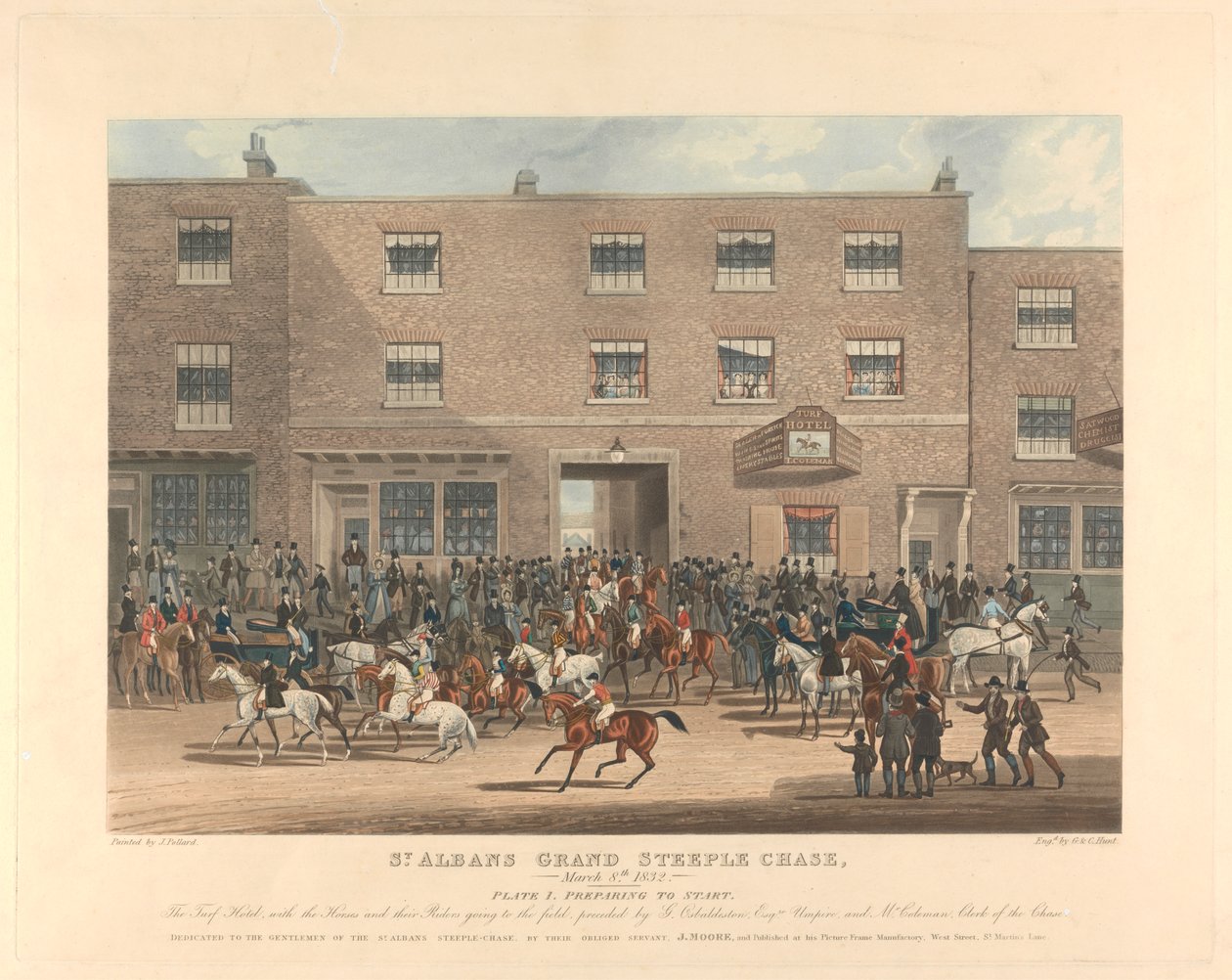 Courses de steeple-chase [ensemble de six] : Grand steeple-chase de St. Albans. / 8 mars 1832. Planche 1. Préparation au départ... - Charles Hunt