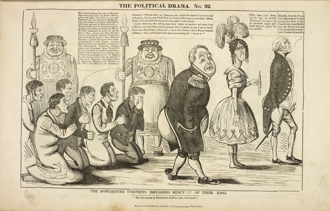 Les unionistes de Dorchester implorant la clémence de leur roi, caricature sur le sujet des martyrs de Tolpuddle - Charles Jameson Grant