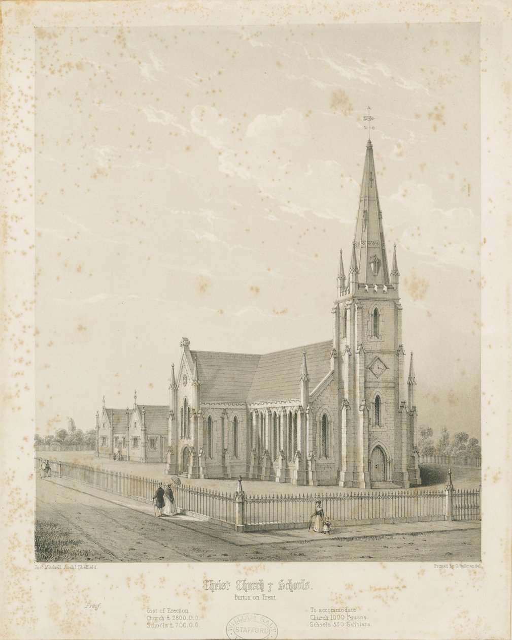 Burton-upon-Trent - Église du Christ et écoles: gravure - Charles Joseph Hullmandel
