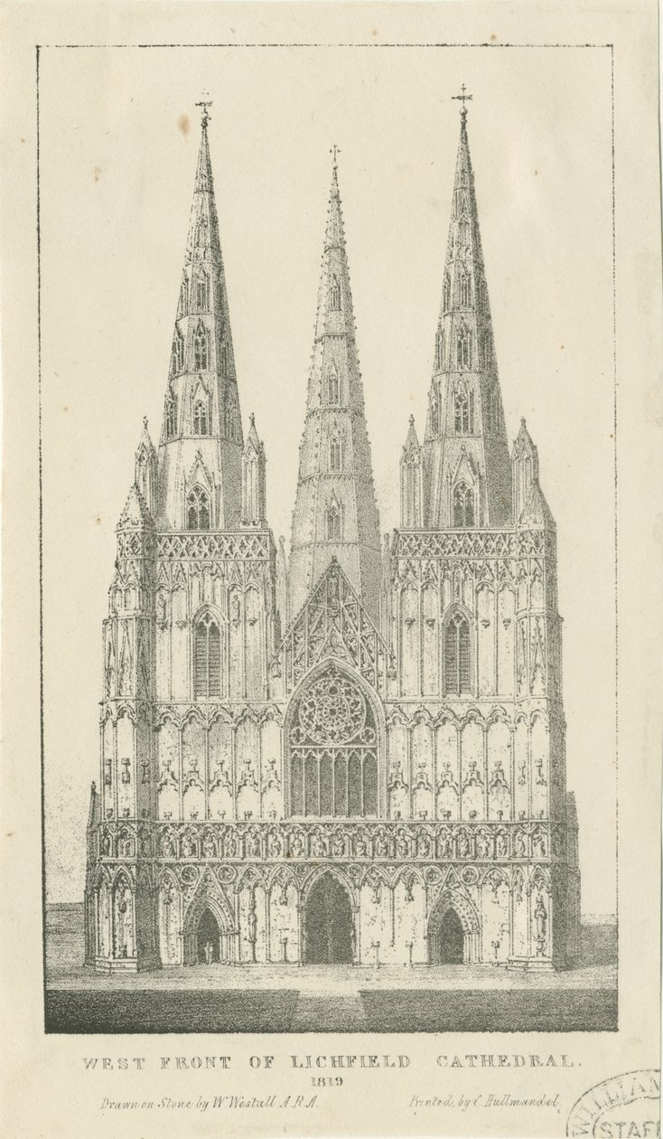 Cathédrale de Lichfield - Façade ouest : gravure - Charles Joseph Hullmandel