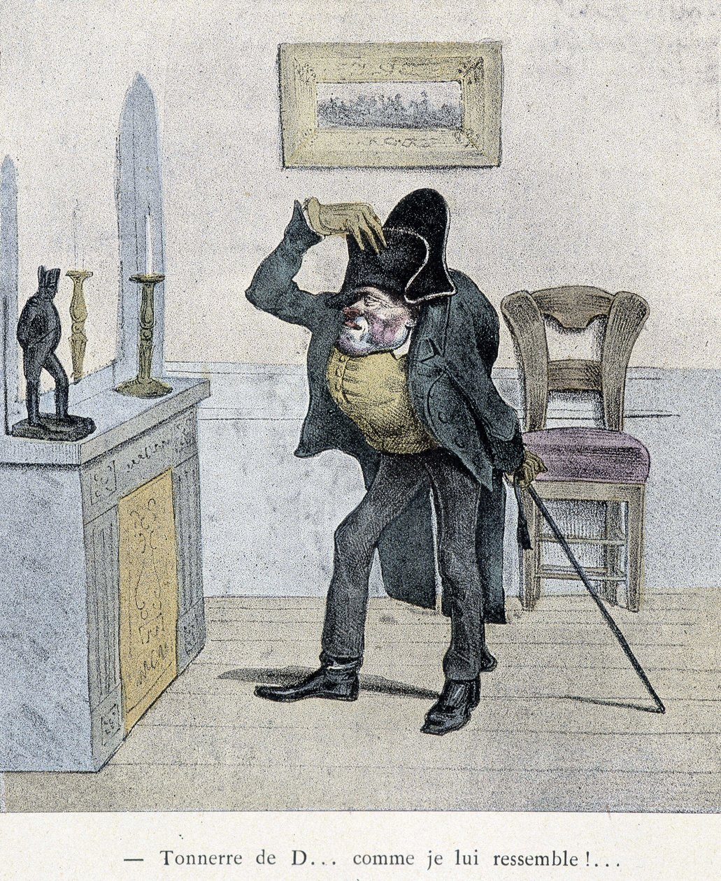 Tonnerre de D... comme je lui ressemble!... Caricature de Travies datant du 19e siècle représentant un homme se comparant à une statuette de Napoléon. - Charles Joseph Travies de Villiers