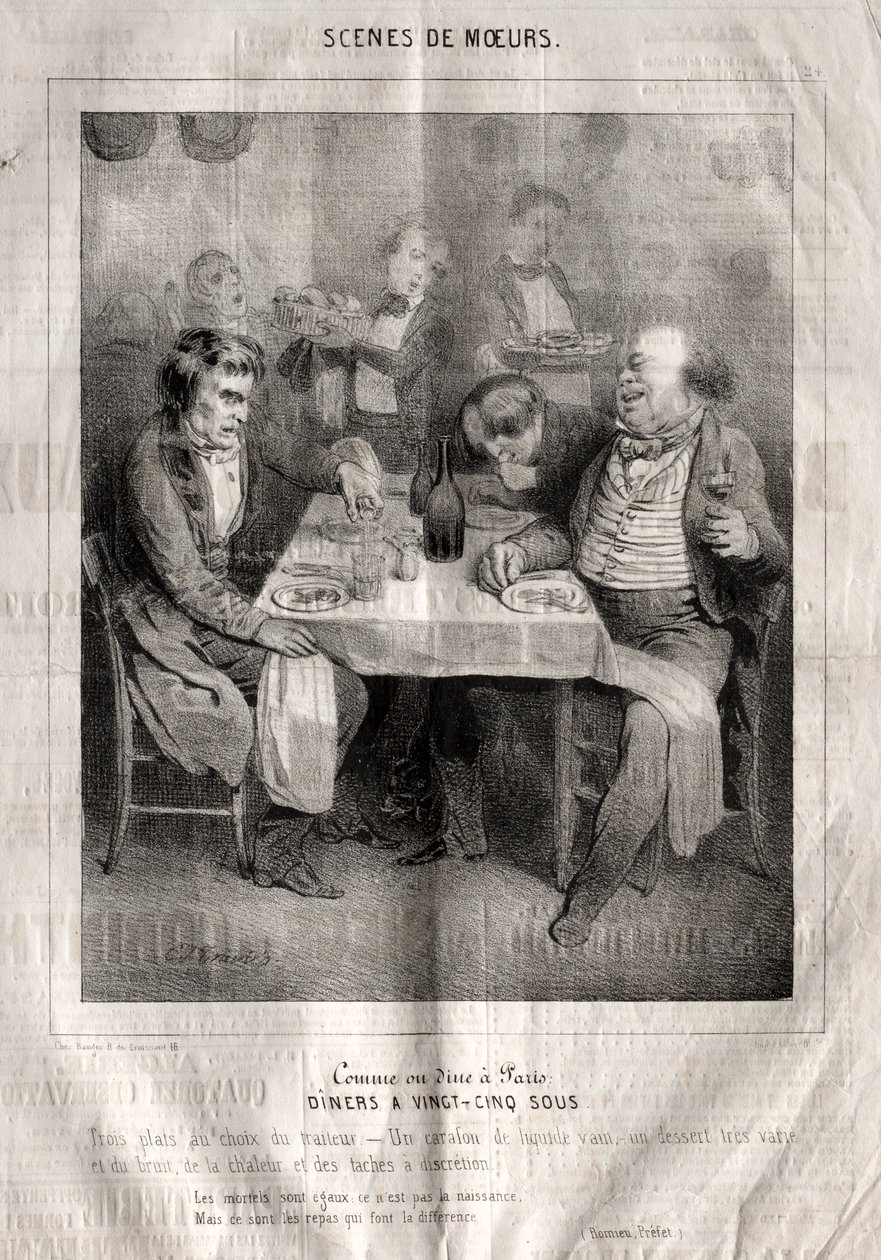 Scènes de mœurs : Comment on dîne à Paris. Dîners à vingt-cinq sous. Trois plats au choix du traiteur - Charles Joseph Traviès de Villers
