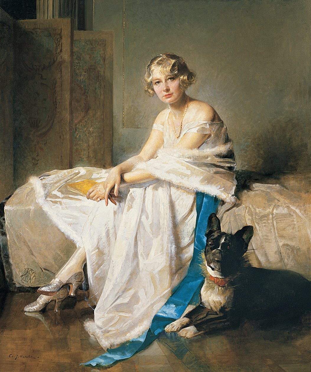 Une dame élégante avec son bouledogue français dans un intérieur, vers 1925 (huile sur toile) - Charles Joseph Watelet