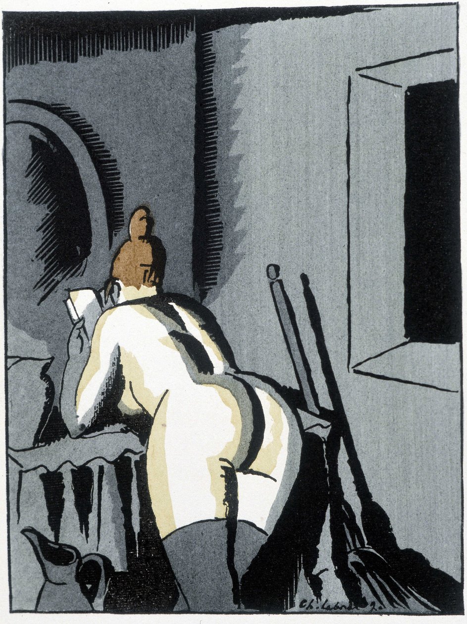 Femme nue, de dos, lisant - dans « Le nègre Léonard » par Pierre Mac Orlan, ill. de Chas. Laborde (Charles Laborde) (1886-1941), éd. de la bannière - Charles Laborde