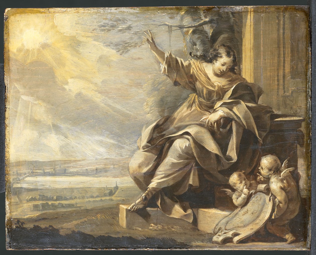 French : Figure féminine assise avec deux putti et paysage fluvial, grisaille Allegorical Female Figure with Two Putti - Charles Le Brun