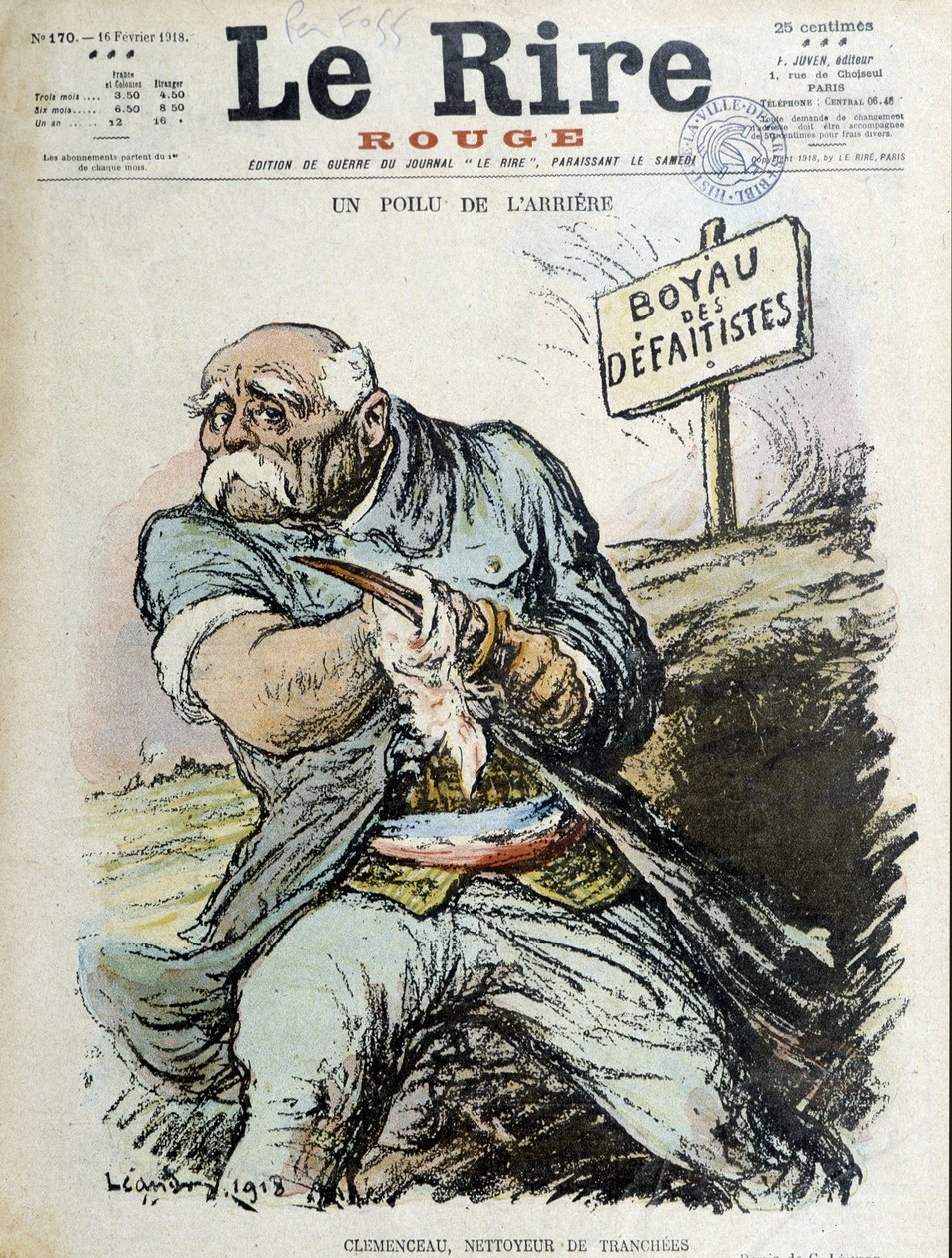 Un arrière poilu : Clemenceau, nettoyeur de tranchées. Couverture Le Rire du 16/02/1918 - Charles Leandre