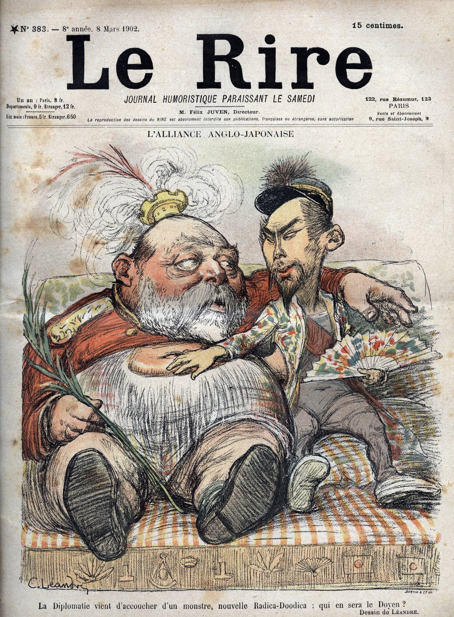 Alliance anglo-japonaise (1902) La diplomatie vient de donner naissance à un monstre, nouveau Radica-Doodica : qui sera le doyen ? - Roi Édouard VII - CARICATURE 1902 par Charles LEANDRE (1862-1934) pour Le Rire - Charles Leandre