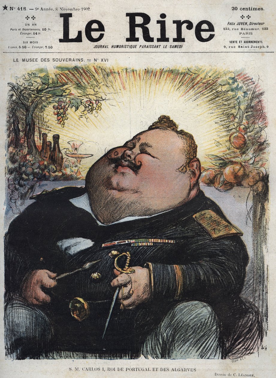 Charles Ier roi du Portugal (1863-1908) - Carlos Ier roi du Portugal et des Algarves - Caricature par Charles Léandre (1862-1934) dans « Le Rire » du 8 novembre - Charles Leandre