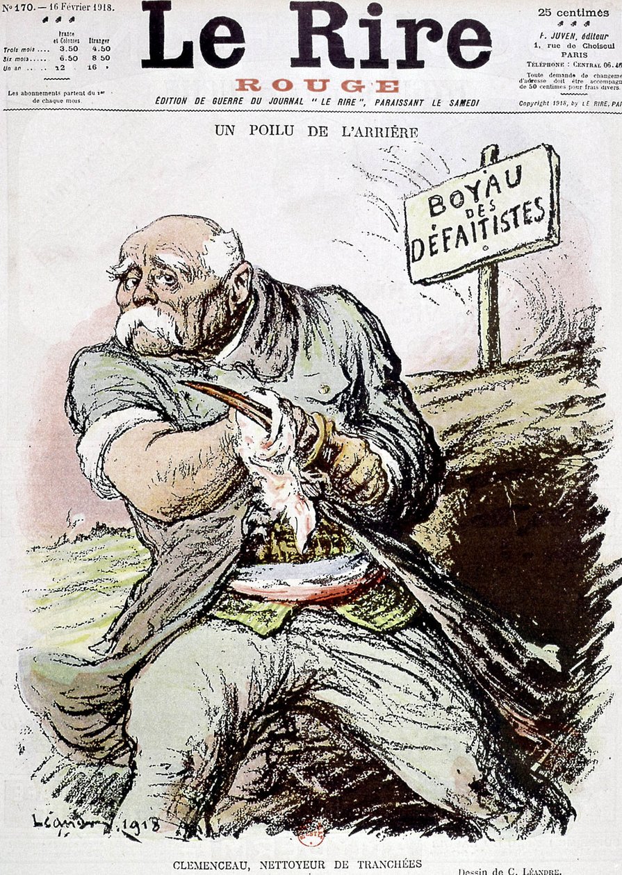 Georges Clemenceau (1841-1929) homme politique français, caricature de Léandre le montrant comme le nettoyeur des tranchées, publiée dans le journal "Le Rire" le 16 février 1918 - Charles Leandre