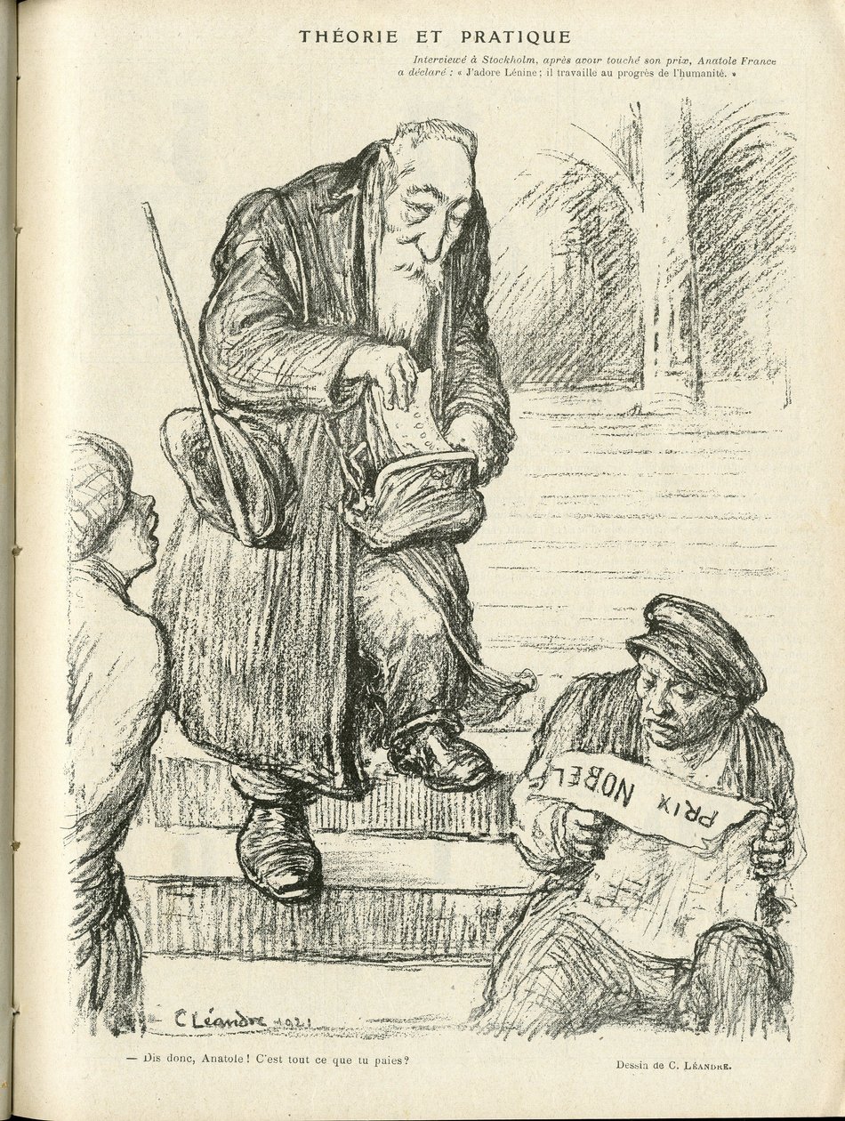 Illustration de Charles Léandre (1862-1934) dans Le Rire, 31/12/21 - Théorie et pratique - Prix Nobel - Lénine, France Anatole - Charles Leandre