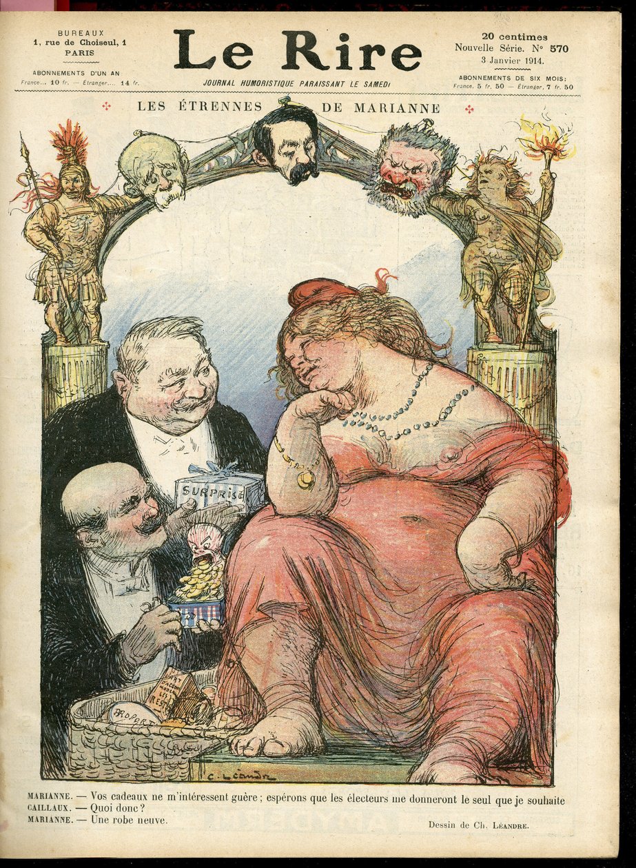 Illustration de Charles Leandre pour la couverture de Le Rire, 03/01/14 - Les étrennes de Marianne - Tribun - Clemenceau George, Jaurès Jean, Briand Aristide, Marianne, Caillaux Joseph - Charles Leandre
