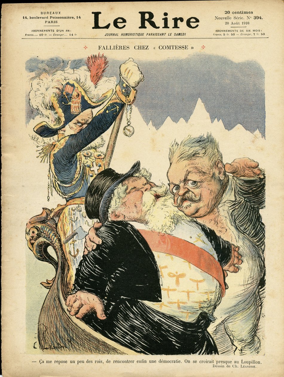 Illustration de Charles Léandre (1862-1934) pour la couverture de Le Rire, 20/08/10 - Fallières chez la Comtesse - Italie, Président de la République, Chapeau, Identifier, Venise - Fallières Armand (1841-1931) - Charles Leandre