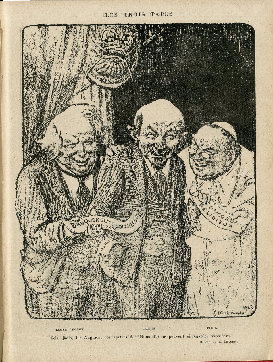 Illustration de Charles Léandre (1862-1934) dans Le Rire, 03/06/22 - Les Trois Papes - Angleterre Grande-Bretagne, U.R.S.S., Vérifier dates, Reichstag - Lénine, Lloyd George, Pie XI - Charles Leandre