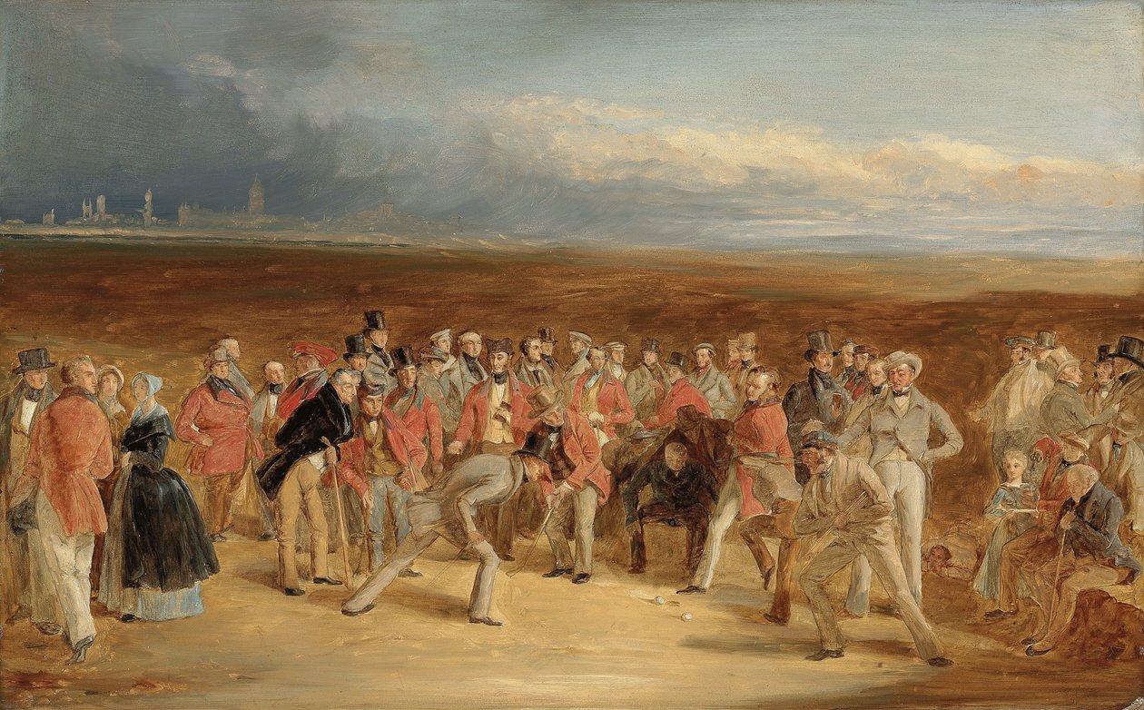 Le croquis final pour Les Golfeurs : Un grand match joué sur les liens de St. Andrews par Sir David Baird, Bt. et Sir Ralph Anstruther, Bt. de Balcaskie, contre le Major Playfair et John Campbell, Esq., de Glensaddell, en 1850 - Charles Lees