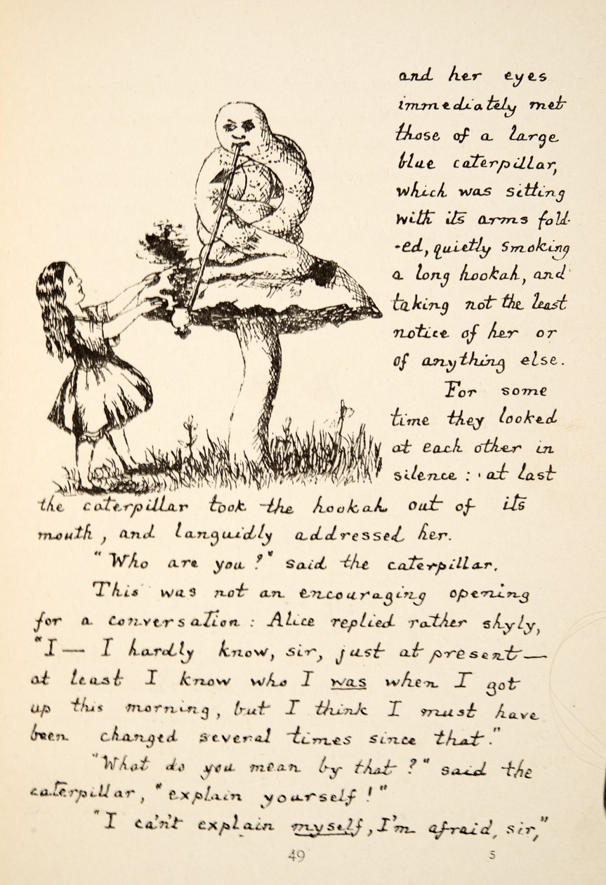 Alice reçoit des conseils de la chenille bleue, illustration des Aventures d