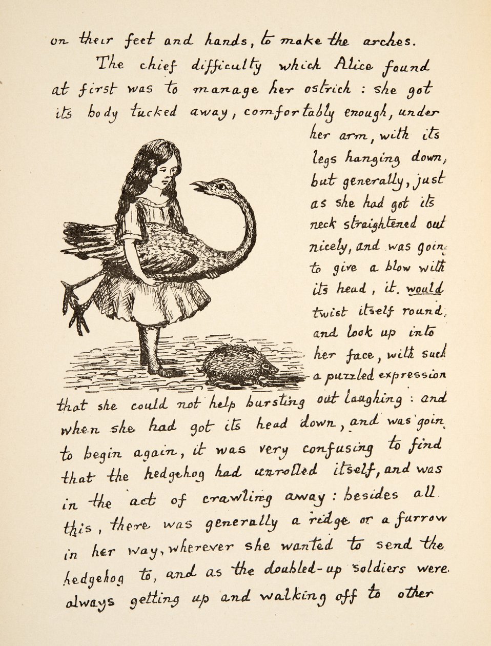 Alice tenant son autruche, illustration des Aventures d