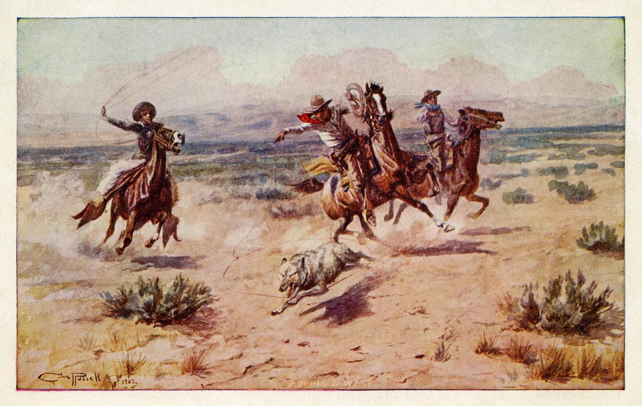 Cowboys poursuivant un loup des prairies - Charles Marion Russell