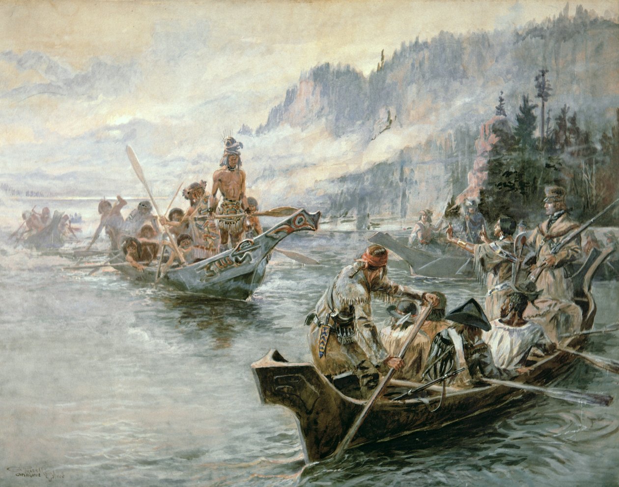 Lewis et Clark sur le fleuve Columbia inférieur - Charles Marion Russell