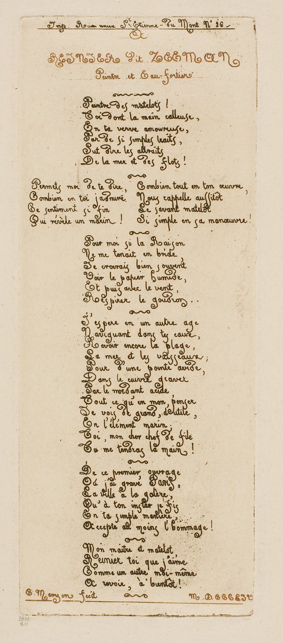 Vers dédicatoires de Meryon à Reinier Nooms, dit Zeeman - Charles Meryon