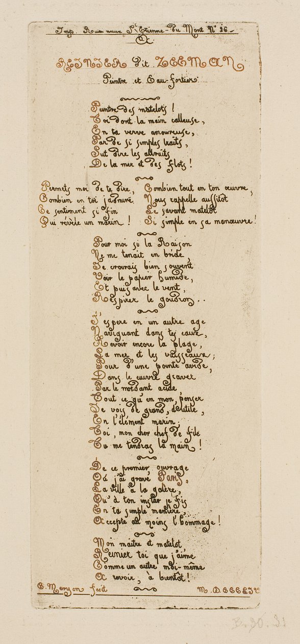 Vers dédicatoires de Meryon à Reinier Nooms, dit Zeeman - Charles Meryon