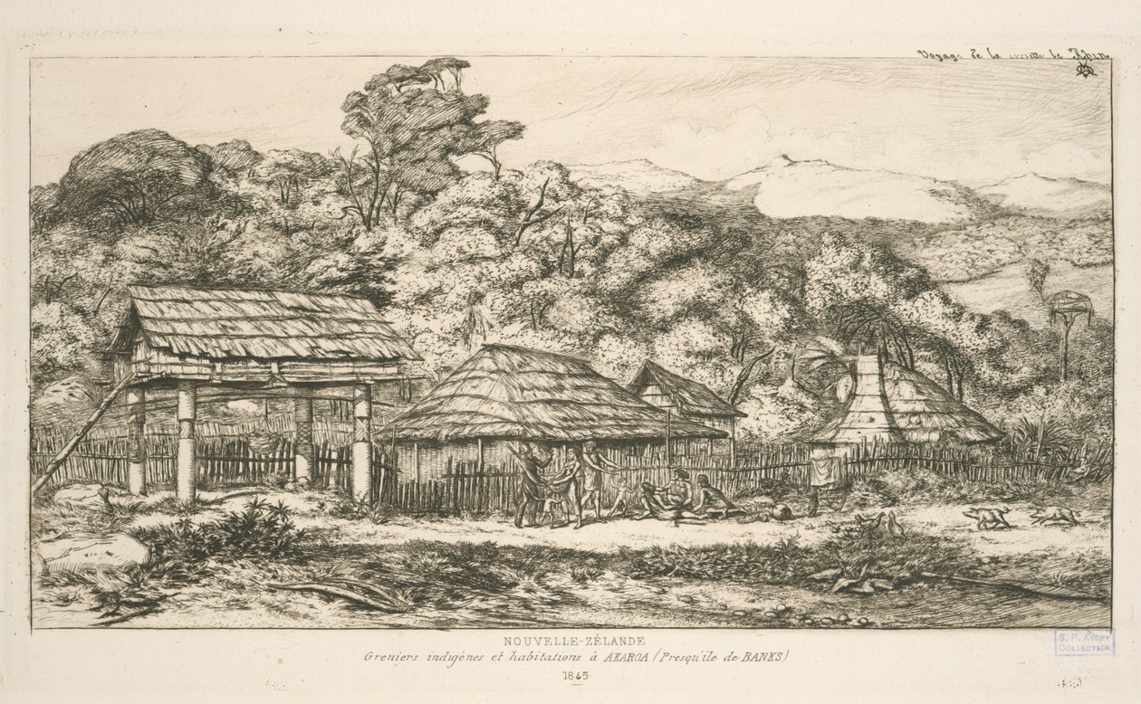 Greniers indigènes et habitations à Akaroa, presqu