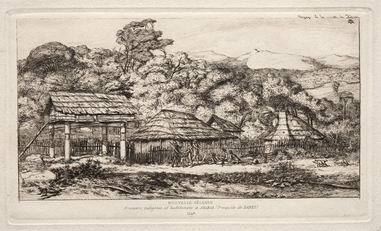 Granges et huttes indigènes à Akaroa, Péninsule de Banks, 1845 - Charles Meryon