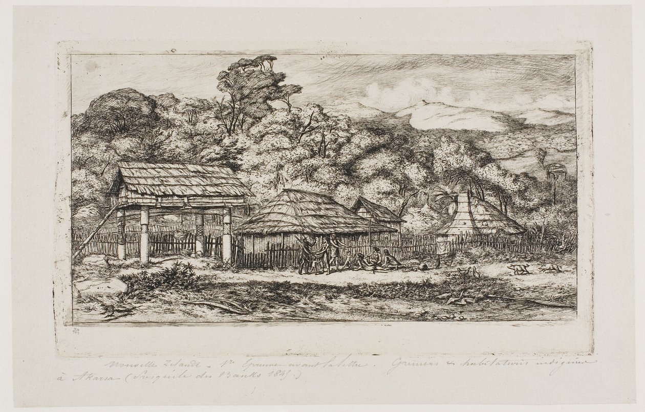Granges et huttes indigènes à Akaroa, péninsule de Banks, 1845 - Charles Meryon