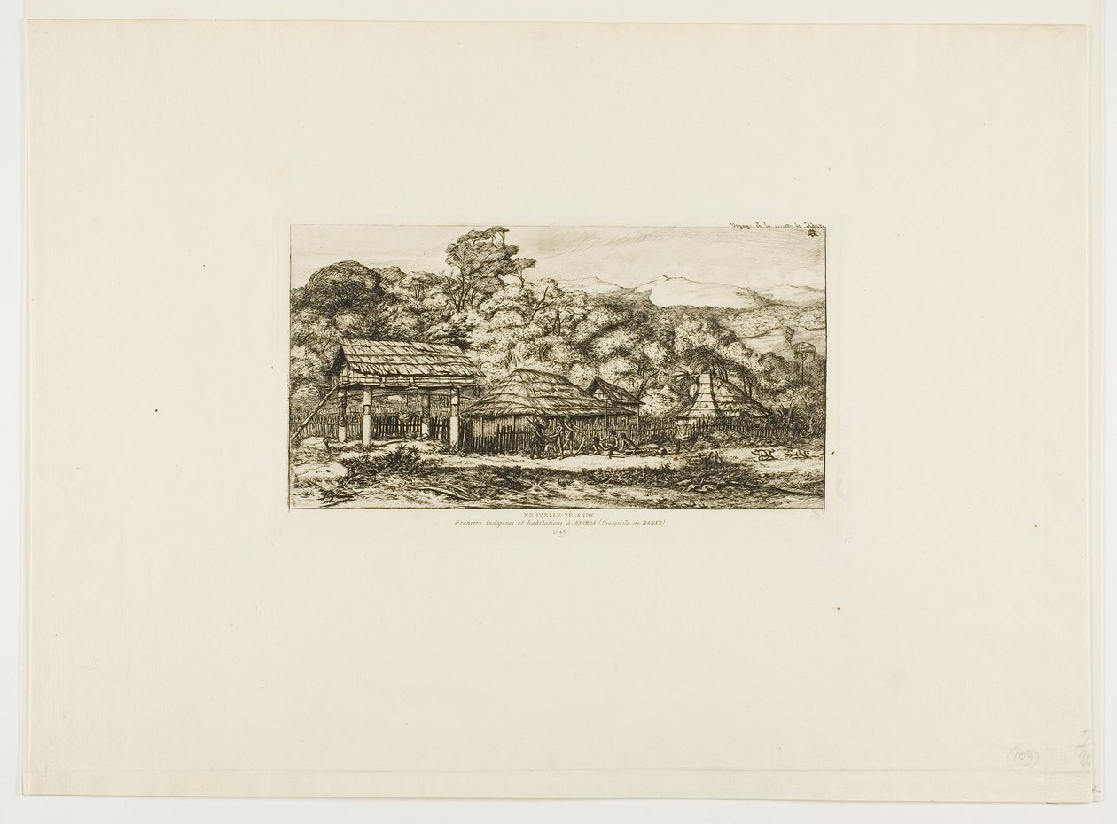 Granges et huttes indigènes à Akaroa, péninsule de Banks, 1845 - Charles Meryon