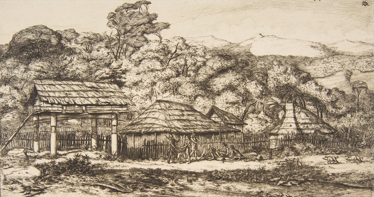 Granges et Huttes Indigènes à Akaroa, Péninsule de Banks, 1845, 1860 - Charles Meryon