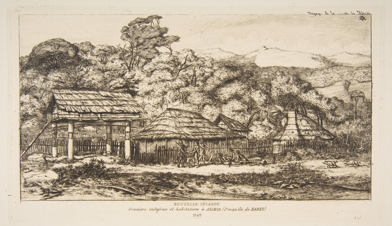 Granges et huttes indigènes à Akaroa, péninsule de Banks, 1845, extrait de « Voyage en Nouvelle-Zélande (1842-46) » - Charles Meryon