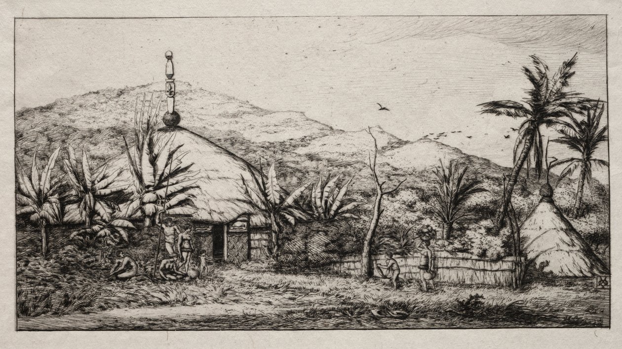Nouvelle-Calédonie : Grande hutte indigène sur la route de Balade à Puebo, 1845 - Charles Meryon
