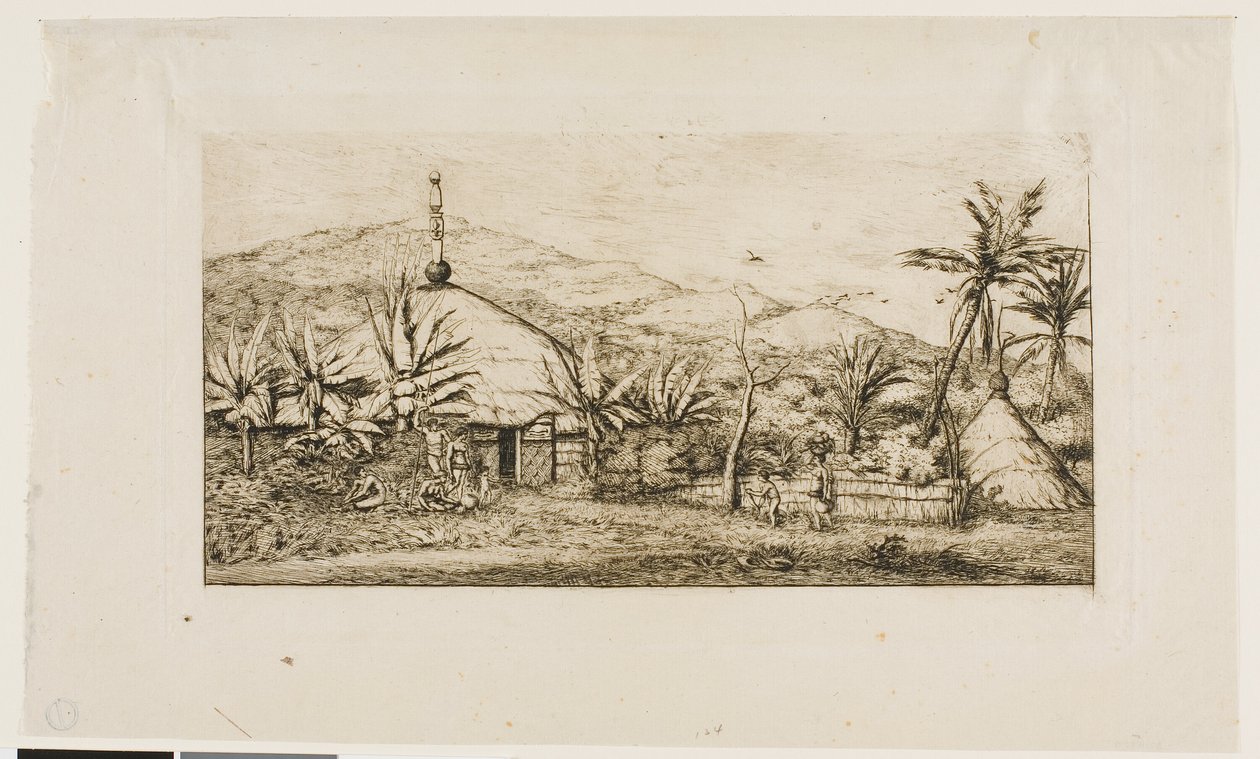 Nouvelle-Calédonie : Grande hutte indigène sur la route de Balade à Puépo, 1845 - Charles Meryon