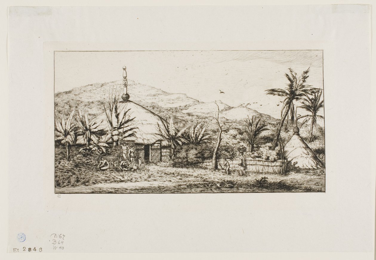 Nouvelle-Calédonie : Grande Hutte Native sur la Route de Balade à Puépo, 1845 - Charles Meryon