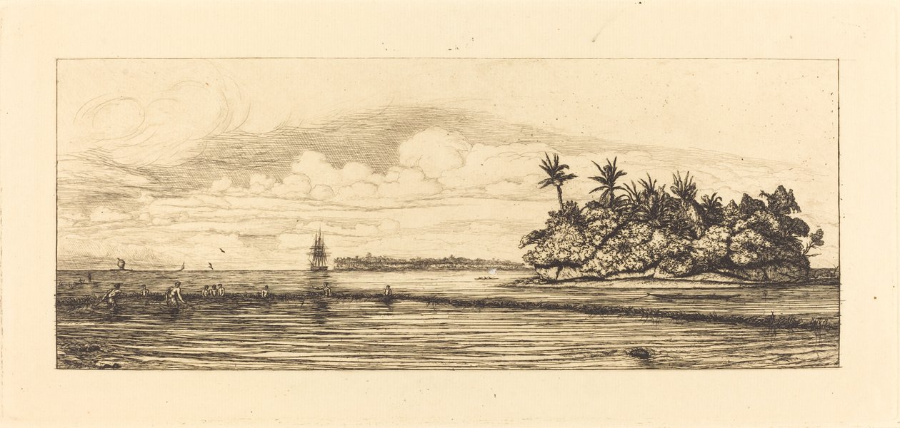 Océanie, îlots à Uvea (Wallis); Pêche aux palmes, 1845 - Charles Meryon