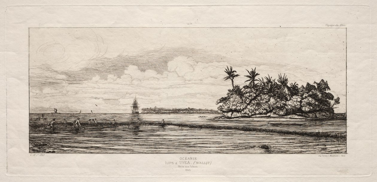 Océanie : Pêche près des îles avec des palmiers dans le groupe Uea ou Wallis, 1845 - Charles Meryon