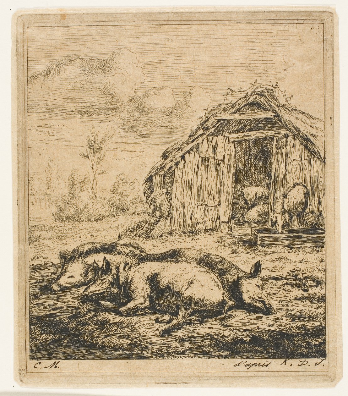 Trois cochons allongés devant un abri - Charles Meryon