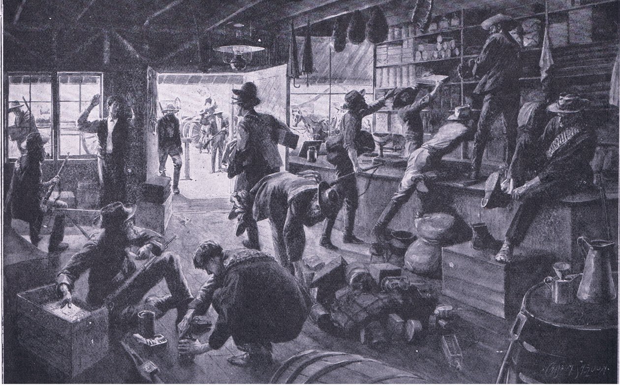 Les Boers pillant un magasin dans la propriété de Grange River, illustration de Après Pretoria : La Guerre de guérilla - Charles Mills Sheldon