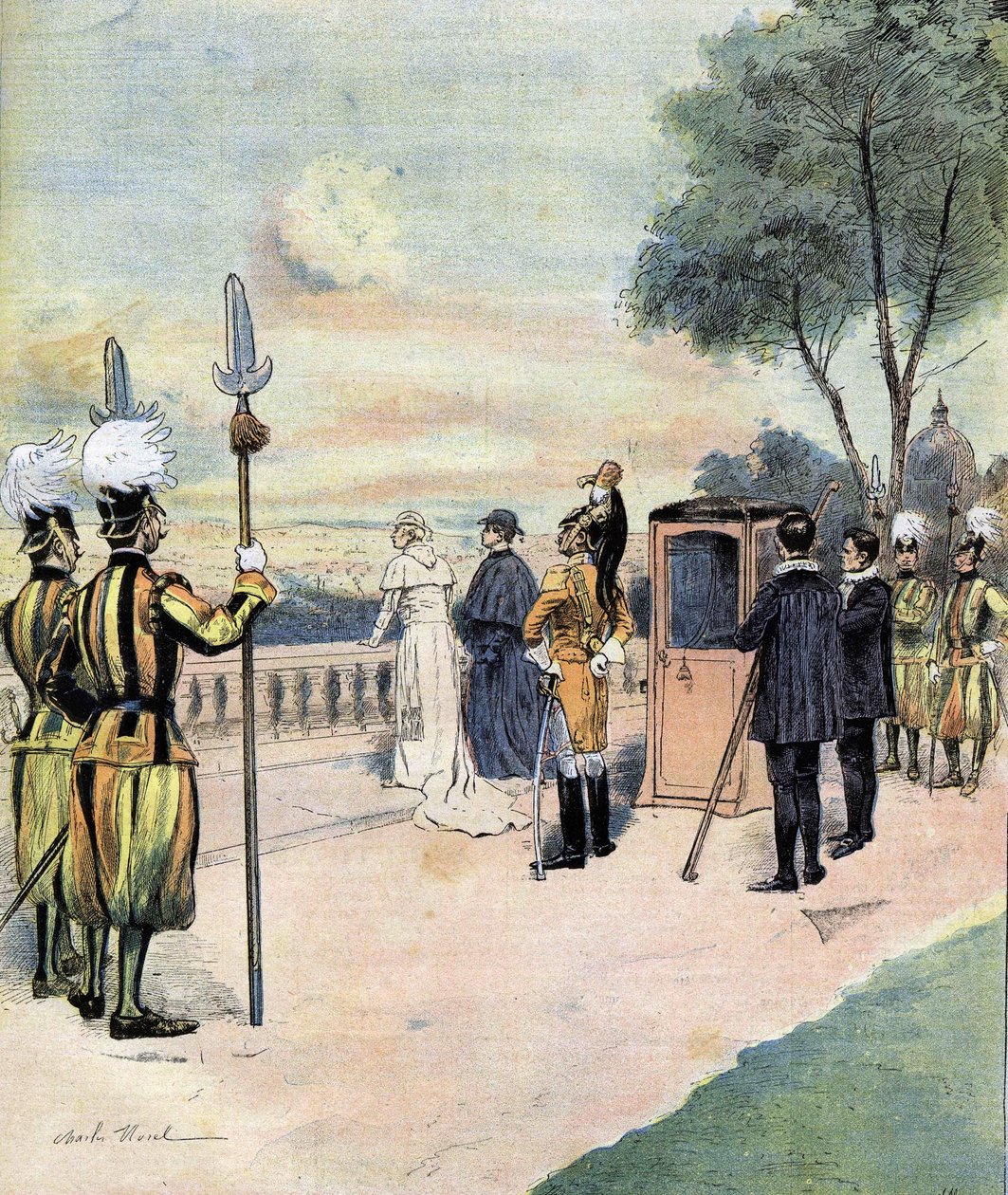 Le pape Léon XIII dans les jardins du Vatican en 1893, dessin de M. CH Morel - Charles Morel
