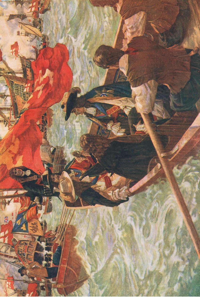 Arrivée de Charles II, illustration tirée de The History of the British People publié par Waverley, vers 1940 (lithographie en couleur) - Charles Murray Padday