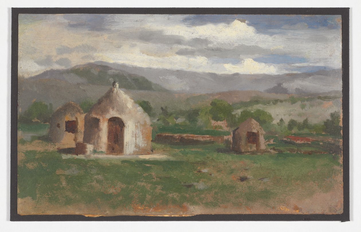 Esquisse de paysage avec des cabanes rudimentaires, en Provence - Charles Nègre