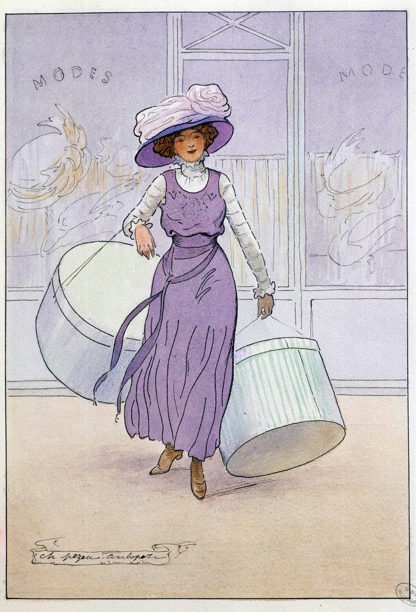 Petits métiers de Paris : la modiste. Dessin par Charles Pezeu dit Carlopez (20e siècle) - Charles Pezeu Carlopez