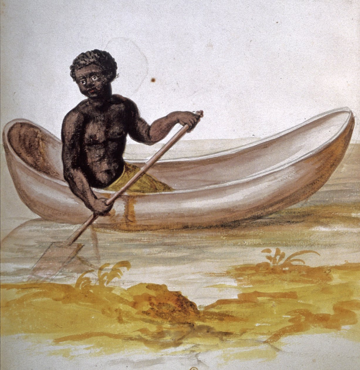 Jeune noir dans un canoë aux Caraïbes, vers 1686 (aquarelle) - Charles Plumier